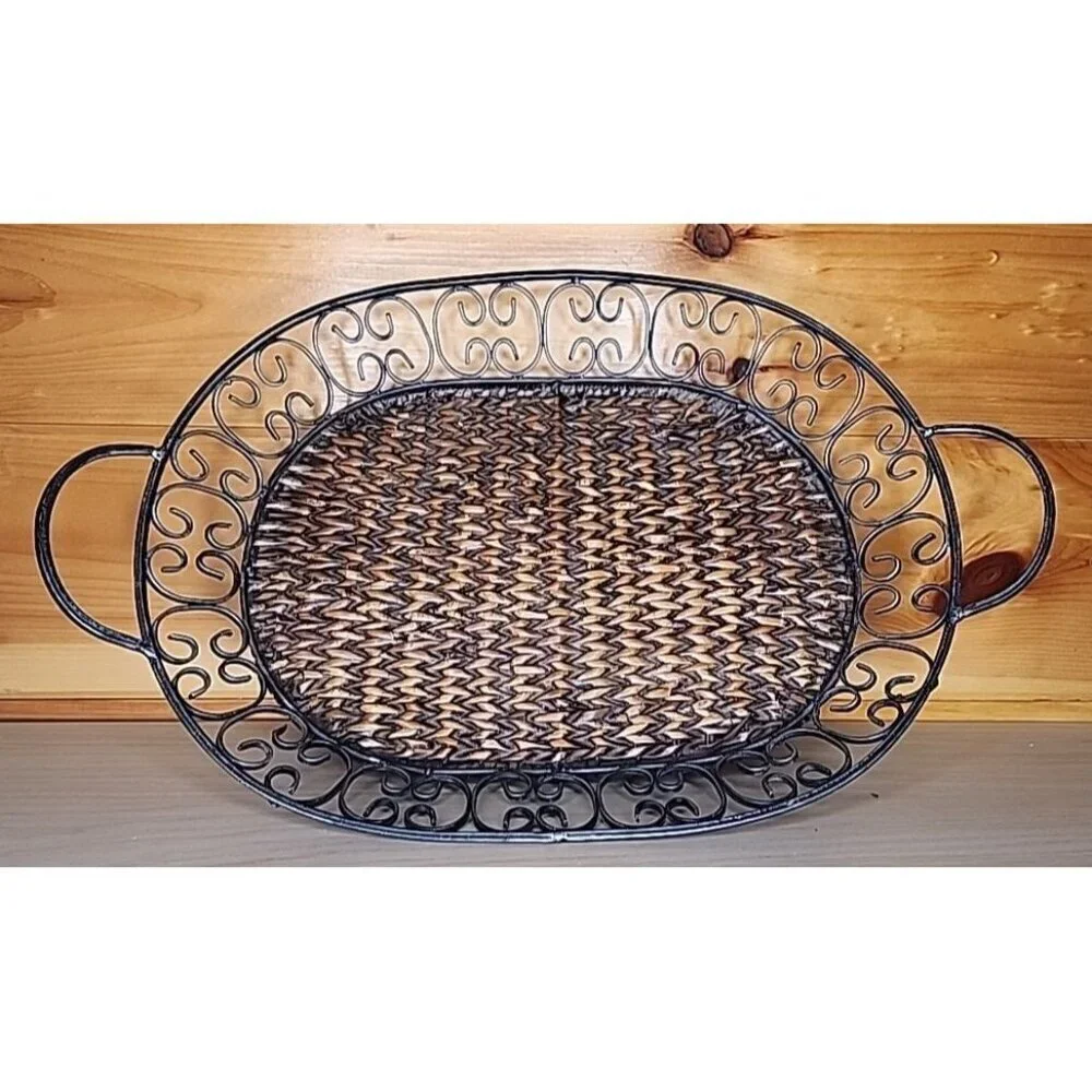 Metal and Wicker Serving Tray with Handles Distressed Farmhouse Decor Basket